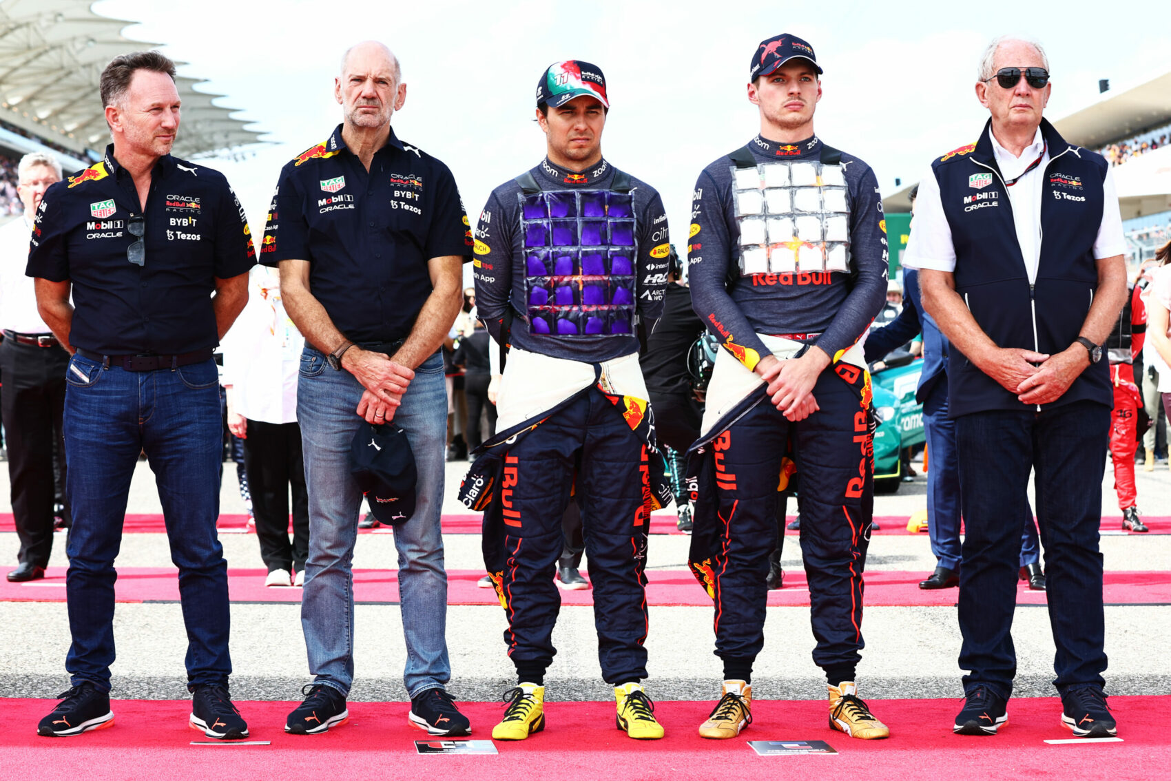 Adrian Newey, Christian Horner, Sergio Pérez, Max Verstappen, Helmu Marko, Red Bull, USA Nagydíj