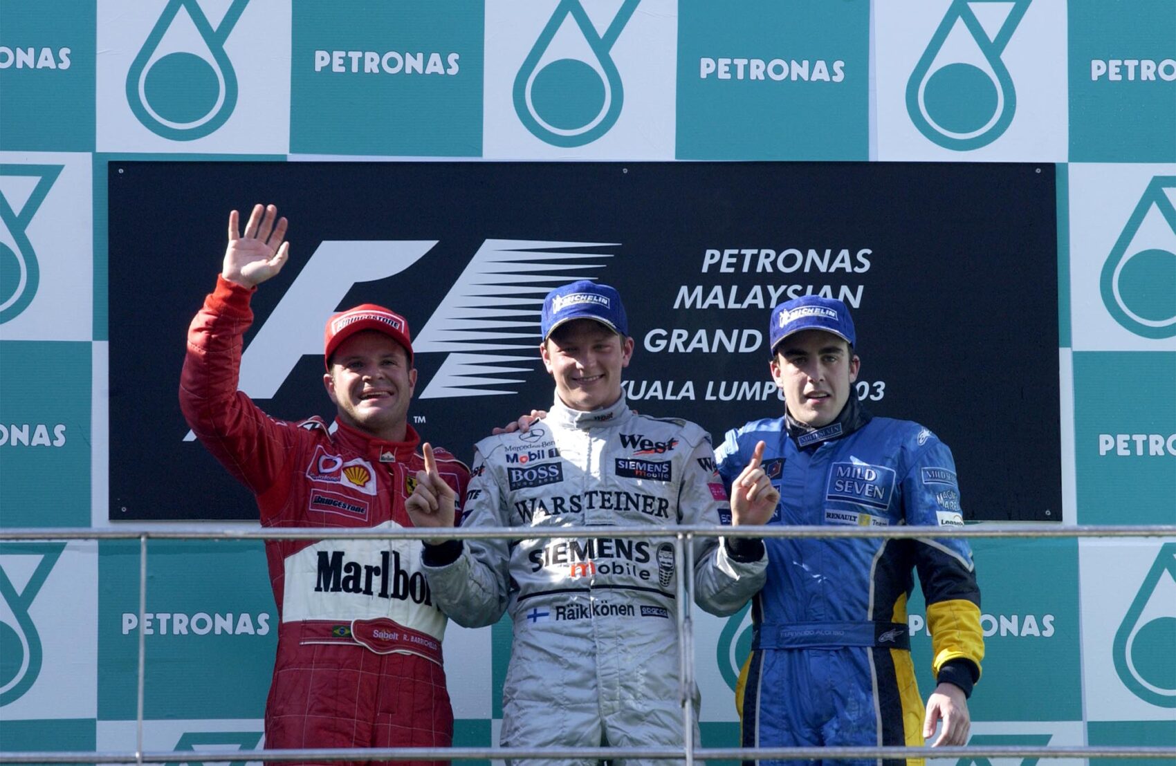 Kimi Räikkönen, McLaren, Rubens Barrichello, Ferrari, Fernando Alonso, Renault, Malajziai Nagydíj, 2003