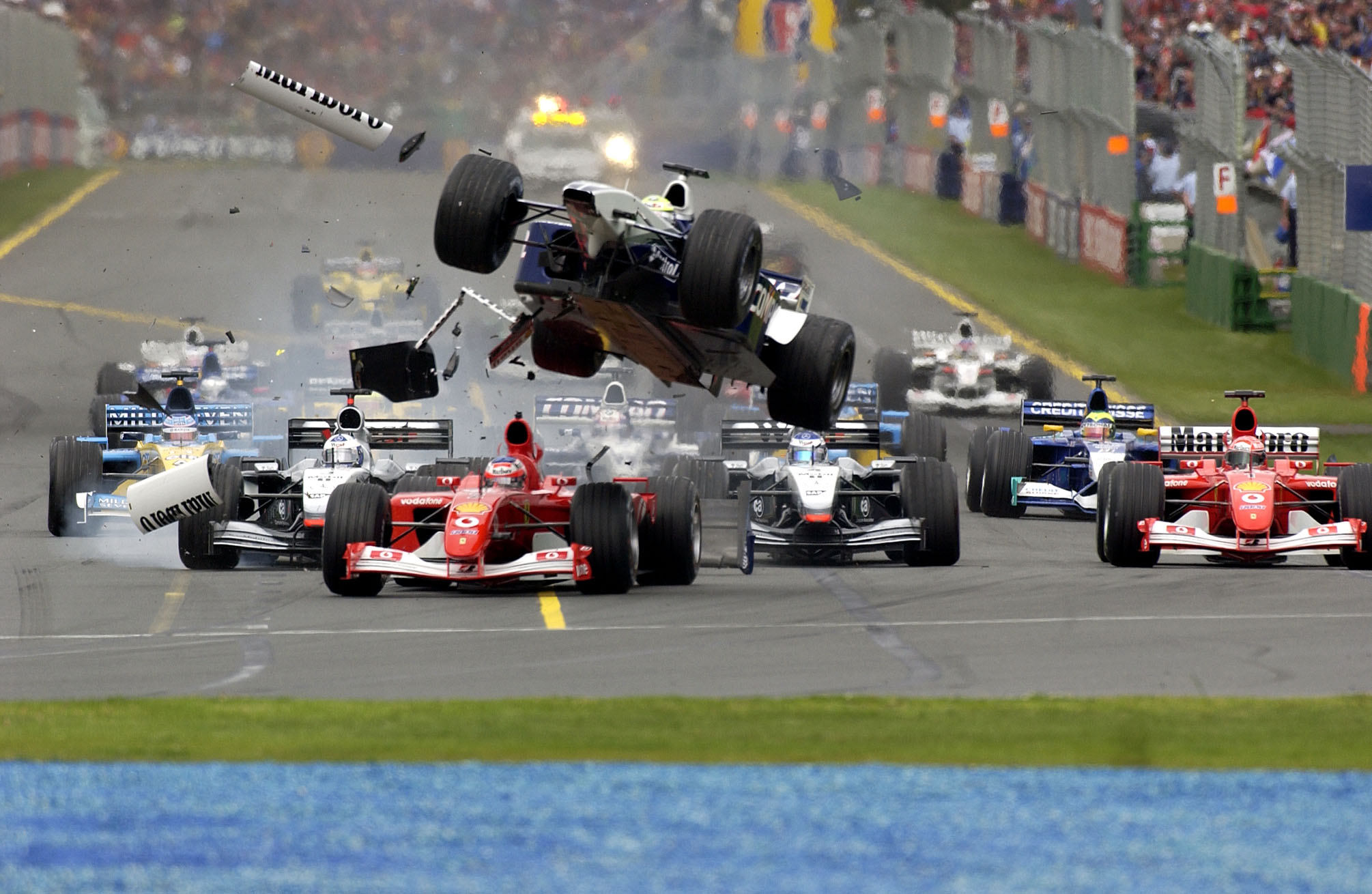 Ausztrál Nagydíj, 2002, rajt, baleset, Ralf Schumacher, Williams, Rubens Barrichello, Ferrari