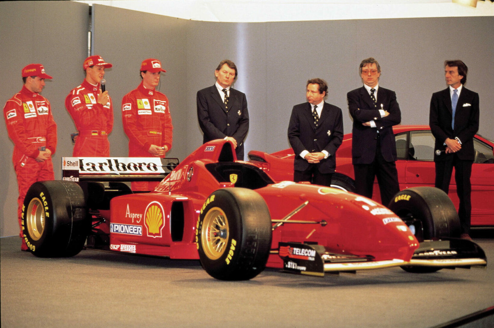 Michael Schumacher, Eddie Irvine, Luca di Montezemolo, Jean Todt, John Barnard, Ferrari, 1996