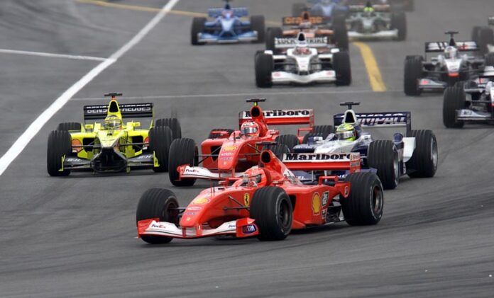 Michael Schumacher, Ralf Schumacher, Rubens Barrichello, Ferrari, Williams, Jarno Trulli, Jordan, Malajziai Nagydíj, rajt, 2001