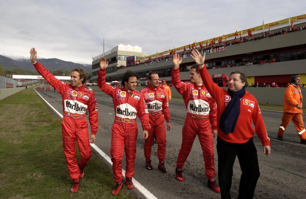 Luca Badoer, Felipe Massa, Rubens Barrichello, Michael Schumacher, Jean Todt, Ferrari, Mugello, 2003