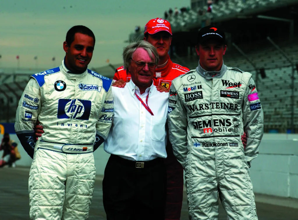 Juan Pablo Montoya, Michael Schumacher, Bernie Ecclestone, Kimi Räikkönen, USA Nagydíj, 2003
