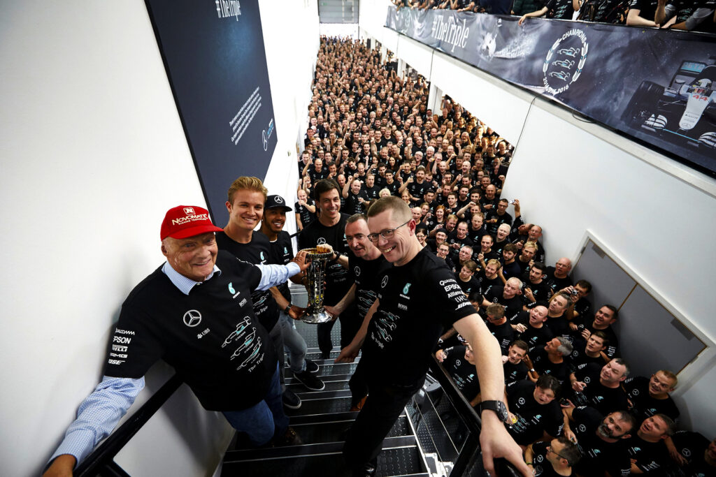 Andy Cowell, Niki Lauda, Nico Rosberg, Paddy Lowe, Lewis Hamilton, Toto Wolff, Mercedes