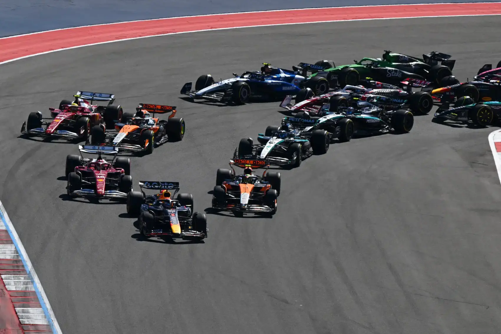 Verstappen, Norris, Leclerc, rajt, USA Nagydíj